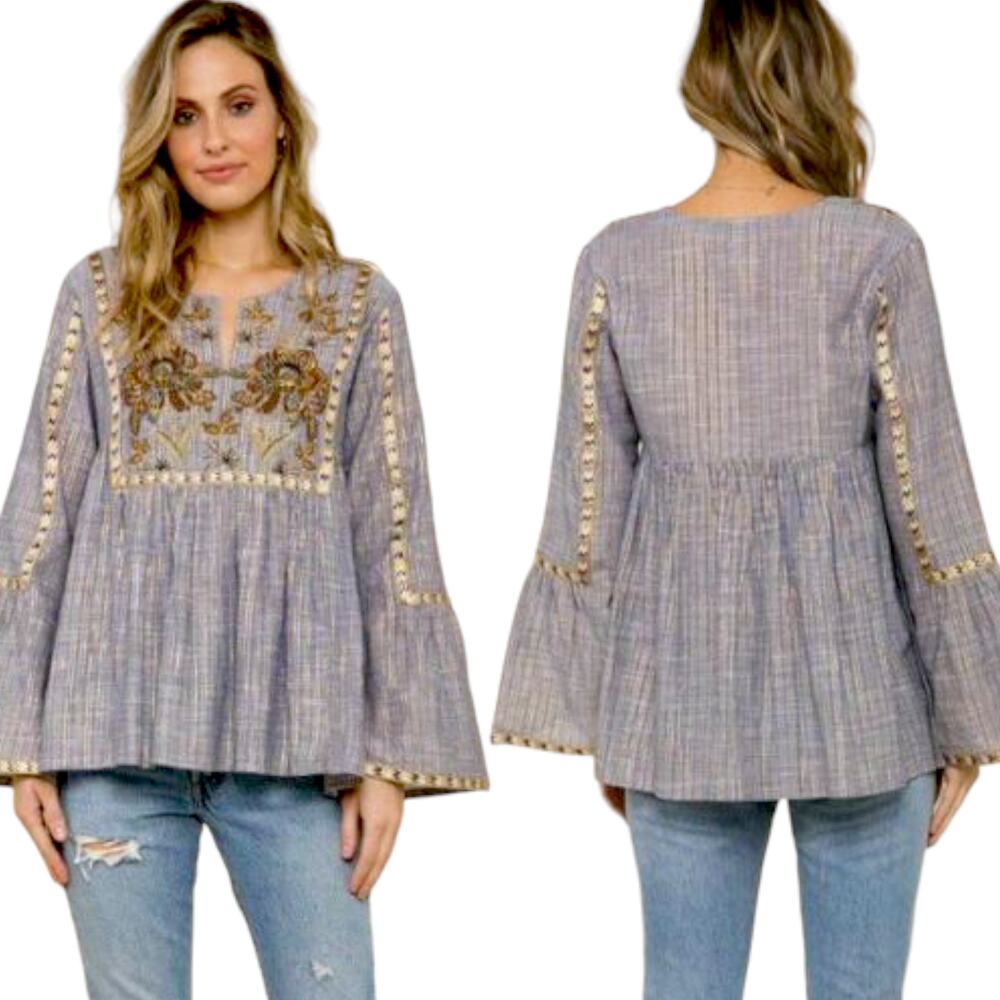 Raga Boho Embroidered Bell Sleeve Striped Floral Baby Doll Top Blue Multi Small